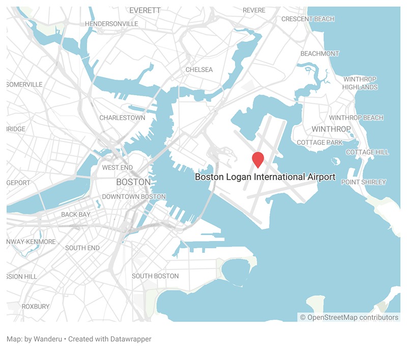 A map showing the location of the Boston Logan International Airport in Boston. A map showing the location of the Boston Logan International Airport in Boston.