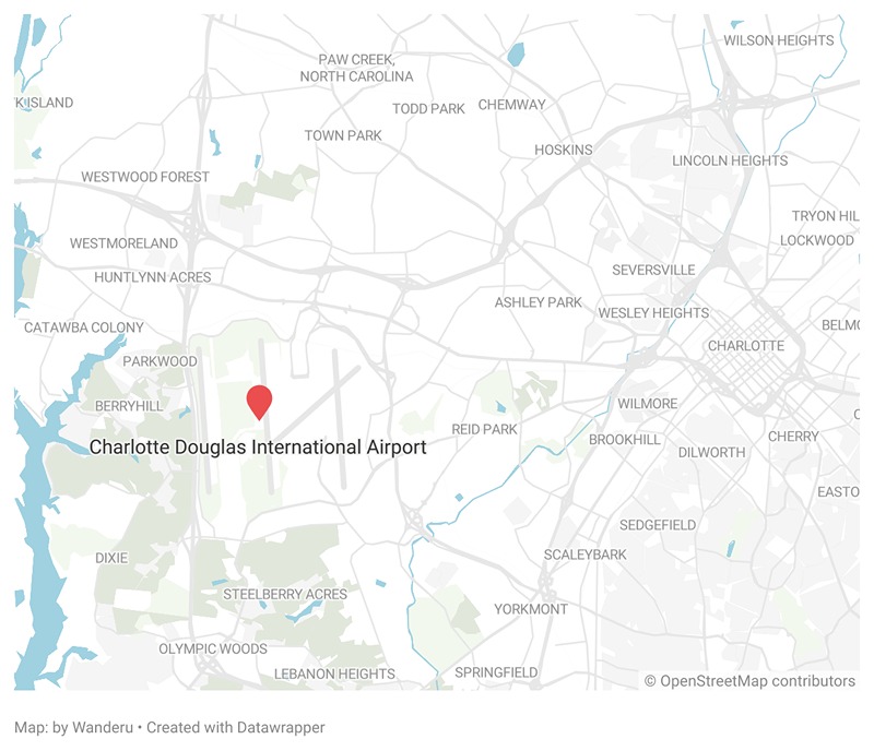 A map showing the location of the Charlotte Douglas International Airport in Charlotte. A map showing the location of the Charlotte Douglas International Airport in Charlotte.