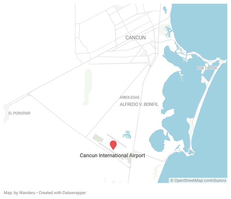 A map showing the location of the Cancun International Airport in Cancun. A map showing the location of the Cancun International Airport in Cancun.