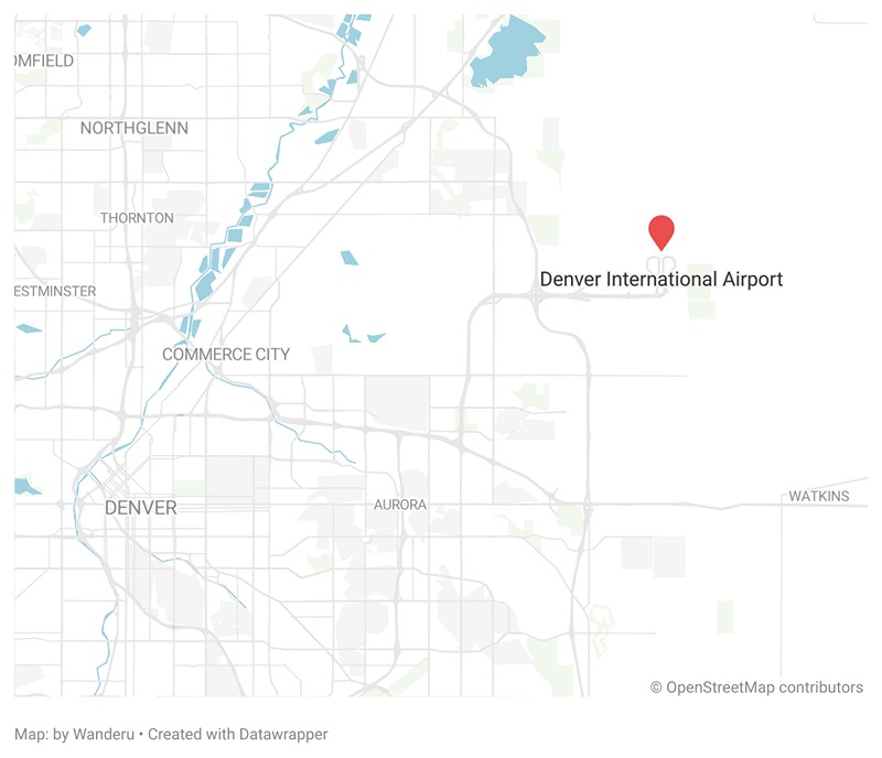 A map showing the location of the Denver International Airport in Colorado. A map showing the location of the Denver International Airport in Colorado.