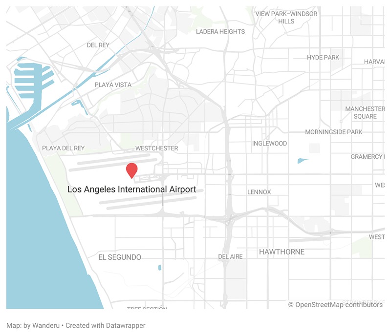 A map showing the location of the Los Angeles International Airport in LA. A map showing the location of the Los Angeles International Airport in LA.