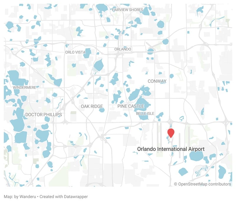 A map showing the location of the Orlando International Airport in Orlando. A map showing the location of the Orlando International Airport in Orlando.