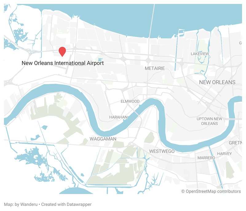 A map showing the location of the New Orleans International Airport in New Orleans. A map showing the location of the New Orleans International Airport in New Orleans.