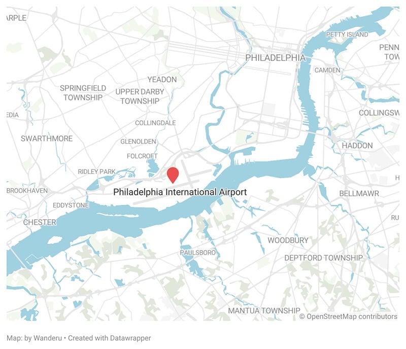 A map showing the location of the Philadelphia International Airport in Philadelphia. A map showing the location of the Philadelphia International Airport in Philadelphia.