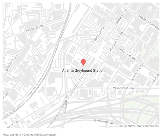 A map showing the location of the Greyhound Bus Station in Atlanta