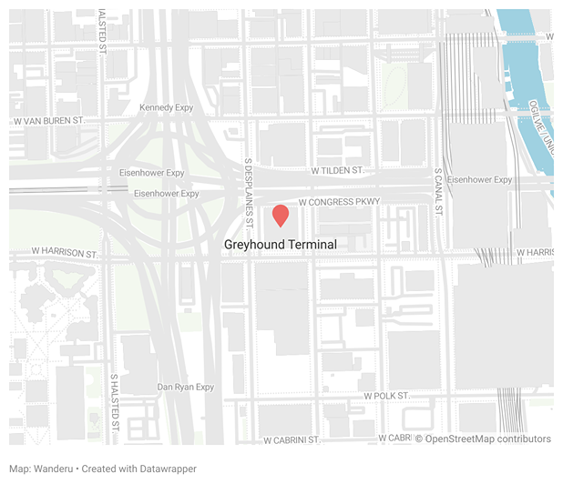 A map showing the location of the Greyhound Bus Station in Chicago A map showing the location of the Greyhound Bus Station in Chicago