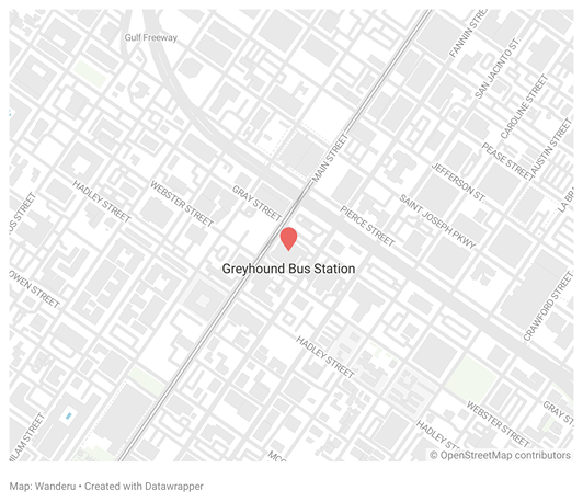 A map showing the location of the Greyhound Bus Station in Houston A map showing the location of the Greyhound Bus Station in Houston