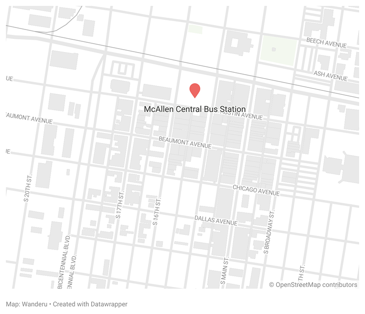 A map showing the location of the central bus station in McAllen, Texas A map showing the location of the central bus station in McAllen, Texas