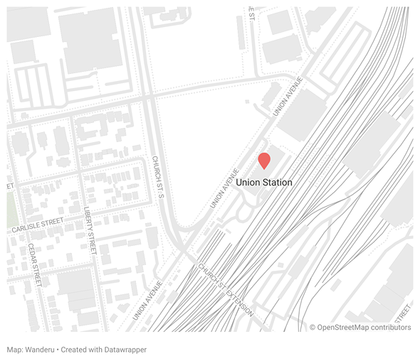 A map showing the location of Union Station in New Haven A map showing the location of Union Station in New Haven