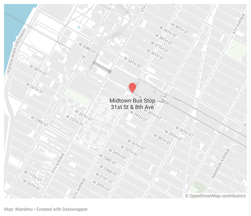 A map of the Midtown Bus Station at 31st St & 8th Ave in New York A map of the Midtown Bus Station at 31st St & 8th Ave in New York