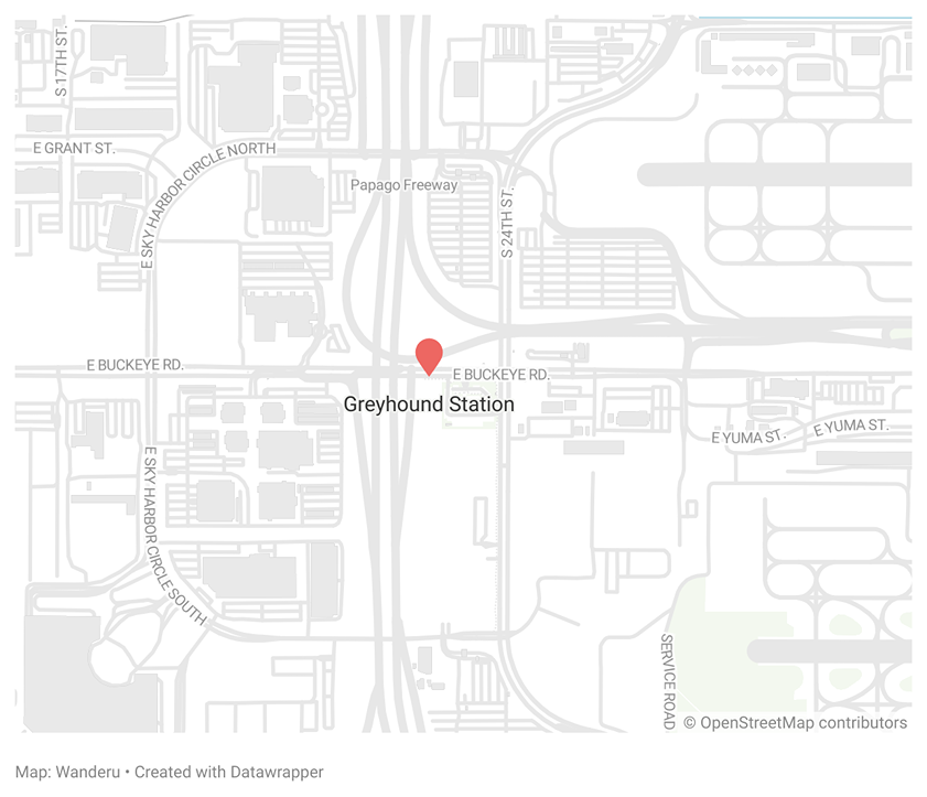 A map showing the location of the Greyhound Bus Station in Phoenix A map showing the location of the Greyhound Bus Station in Phoenix
