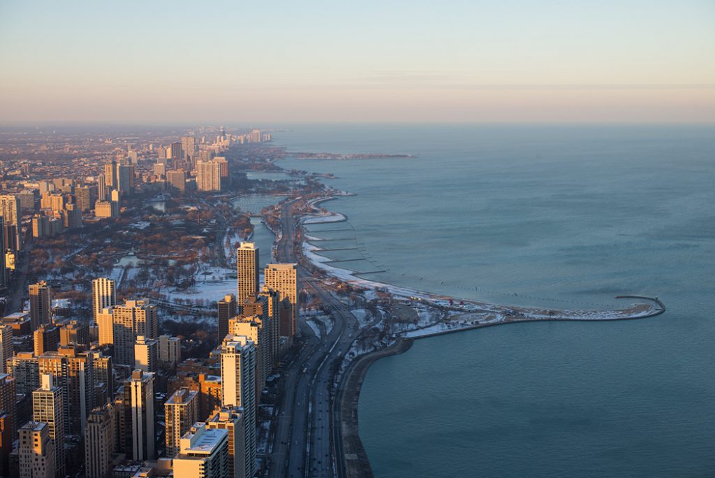 Bird's eye photo of Lake Michigan and the Chicago coastline.