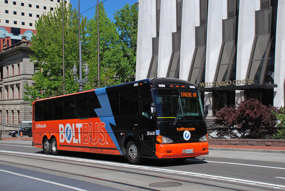 BoltBus driving in Portland, Oregon.