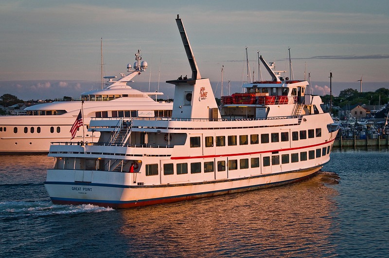 A Hy-Line ferry departs Hyannis towards Oak Bluffs, Martha's Vineyard