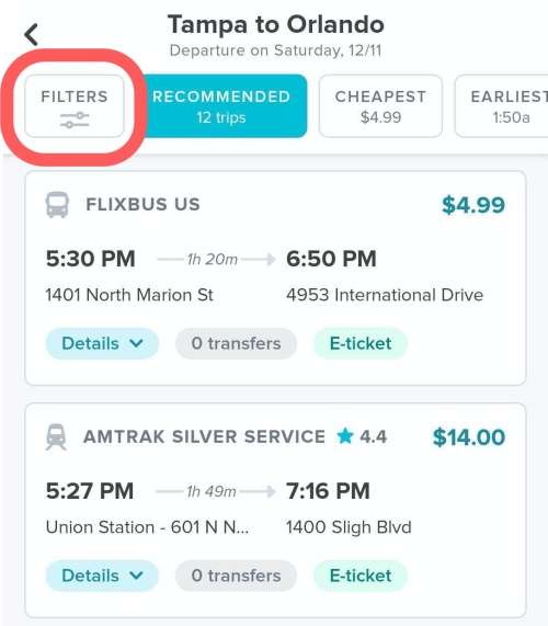 Filters on Mobile Wanderu