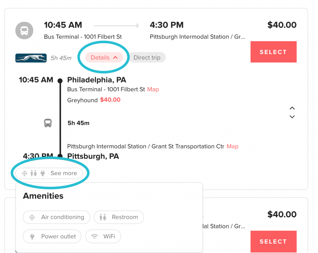 Amenities in search results screenshot.