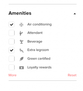 Screenshot showing the Wanderu amenities filter.