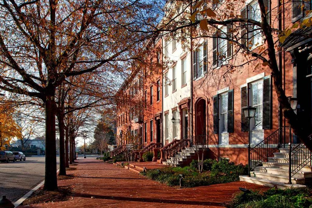 Photo of a brick street in Washington, DC in the fall.