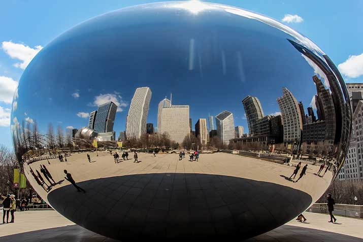 Reflection of the Chicago skyline in the Cloudgate sculpture.