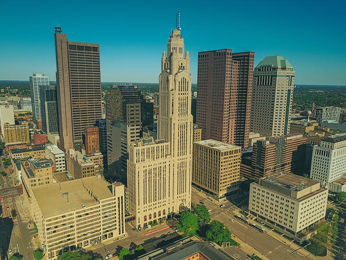Photo of downtown Columbus, Ohio, taken from a helicopter.