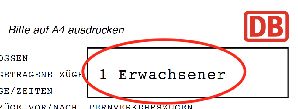 Screenshot of the word Erwachsener on a DB ticket.