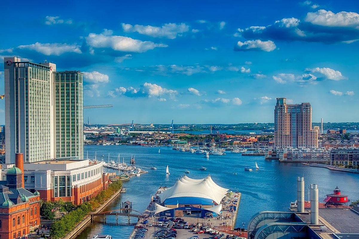 Photo of downtown Baltimore, including the Inner Harbor.