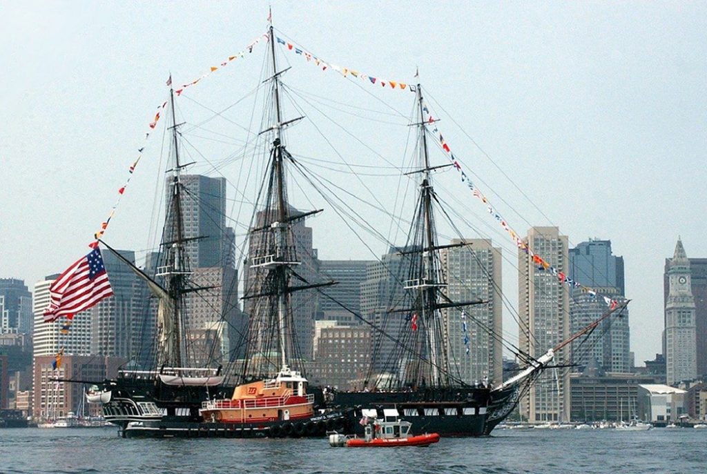 The U.S.S. Constitution docked off of Charlestown in Boston.