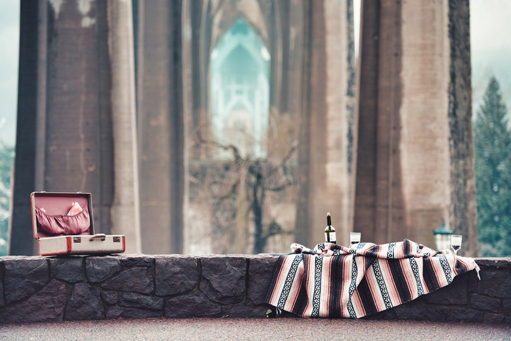 Photo of a picnic at Cathedral Park in Portland.