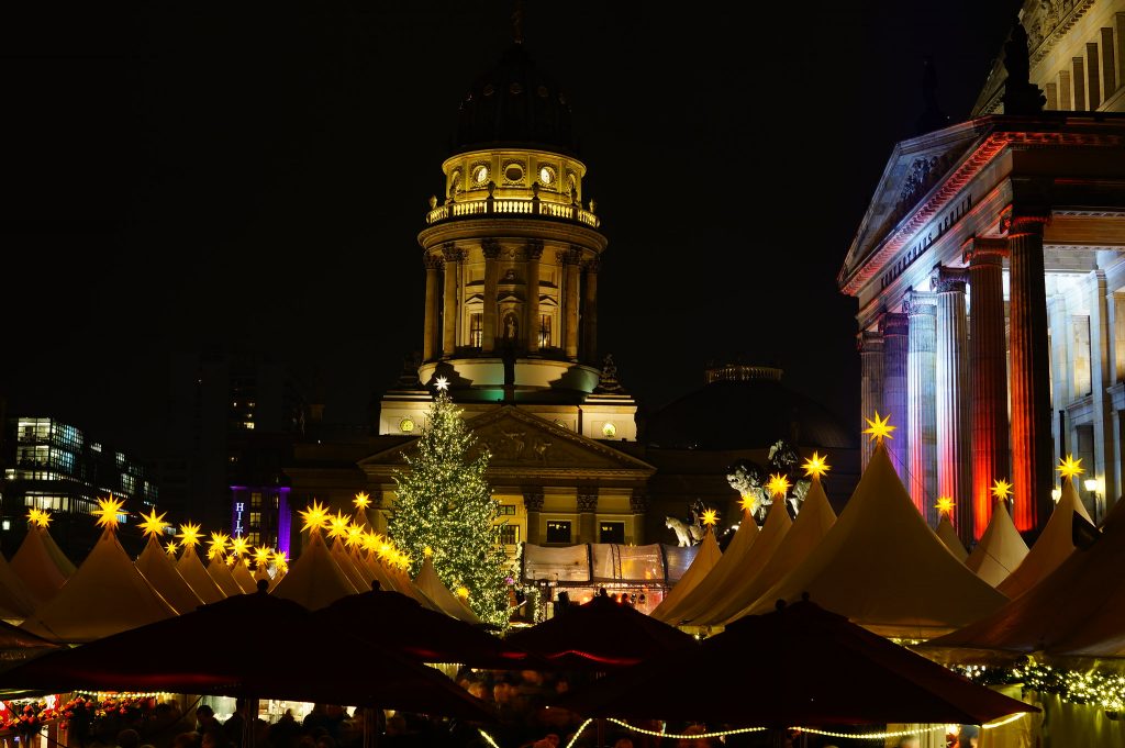 Photo of the Berlin Christmas market at night.