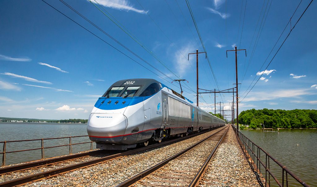Photo of the Amtrak Acela passing through the Northeast Corridor.
