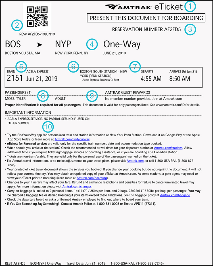 A sample Amtrak ticket with callouts highlighted in blue.