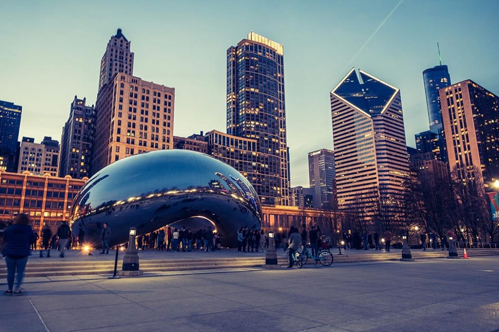 Photo of Chicago's Millennium Park at night.