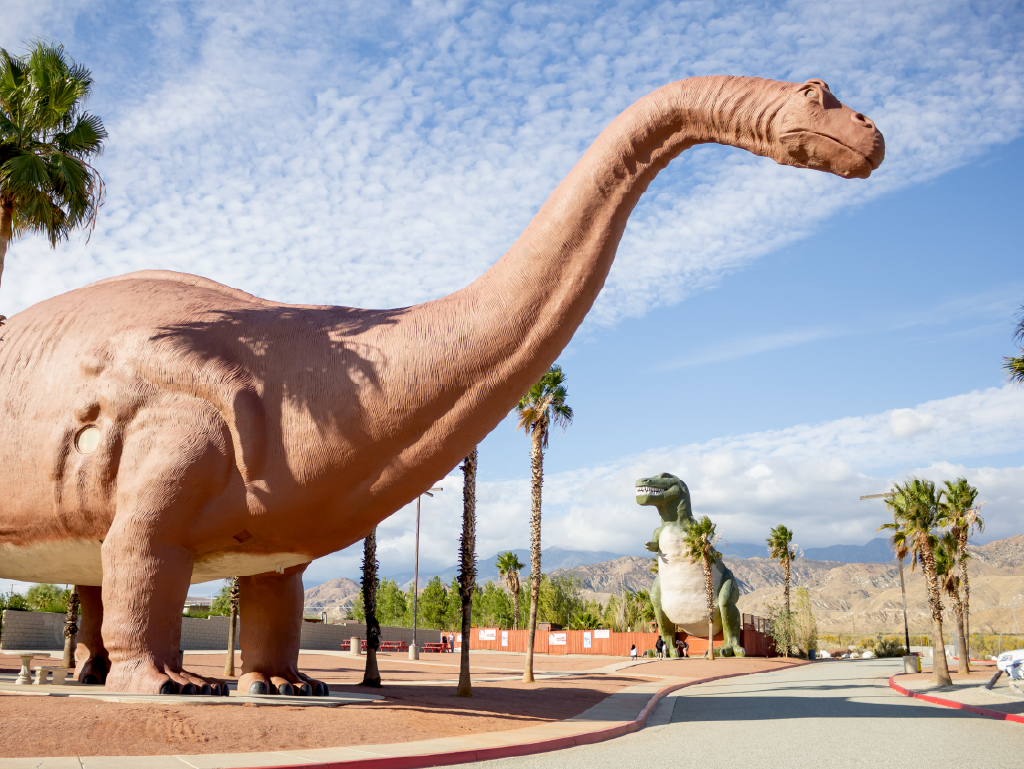 A dinosaur statue, part of the Cabazon Dinosaurs landmark in Cabazon, CA