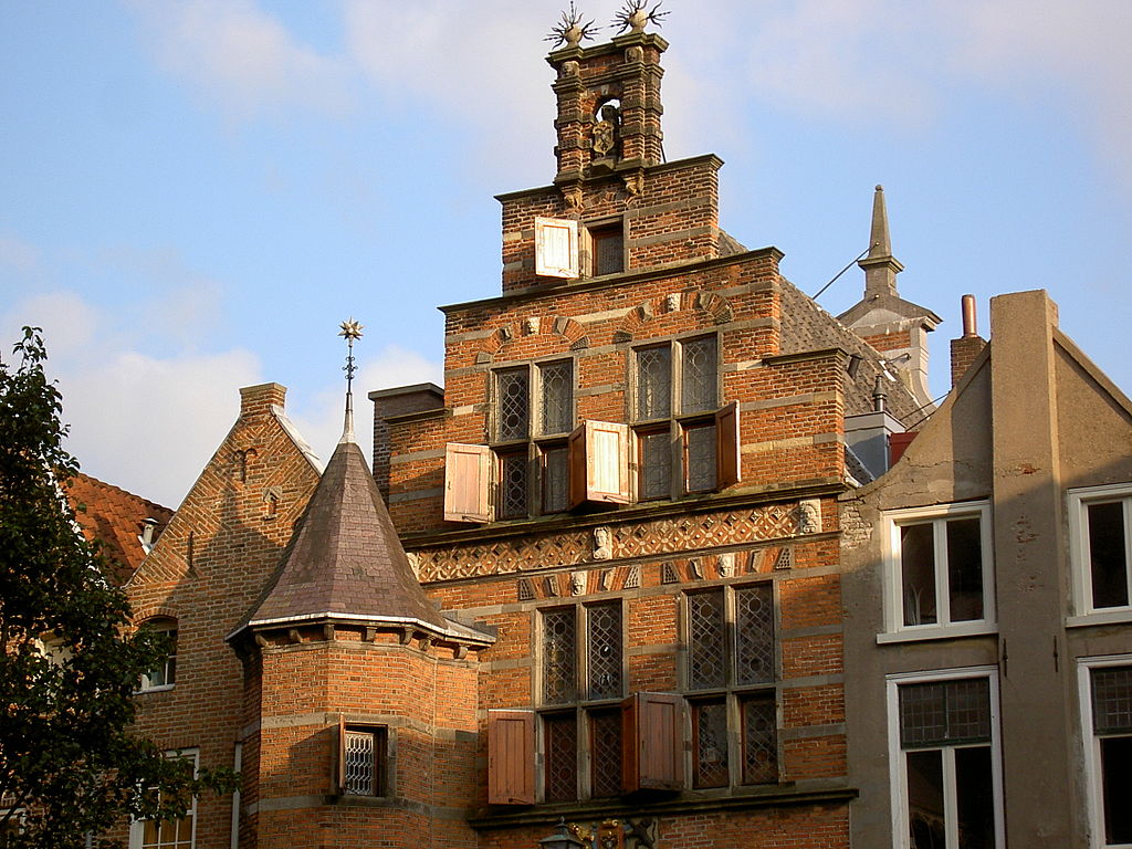 The setting sun reflects off a red-brick building in Nijmegen, Netherlands.