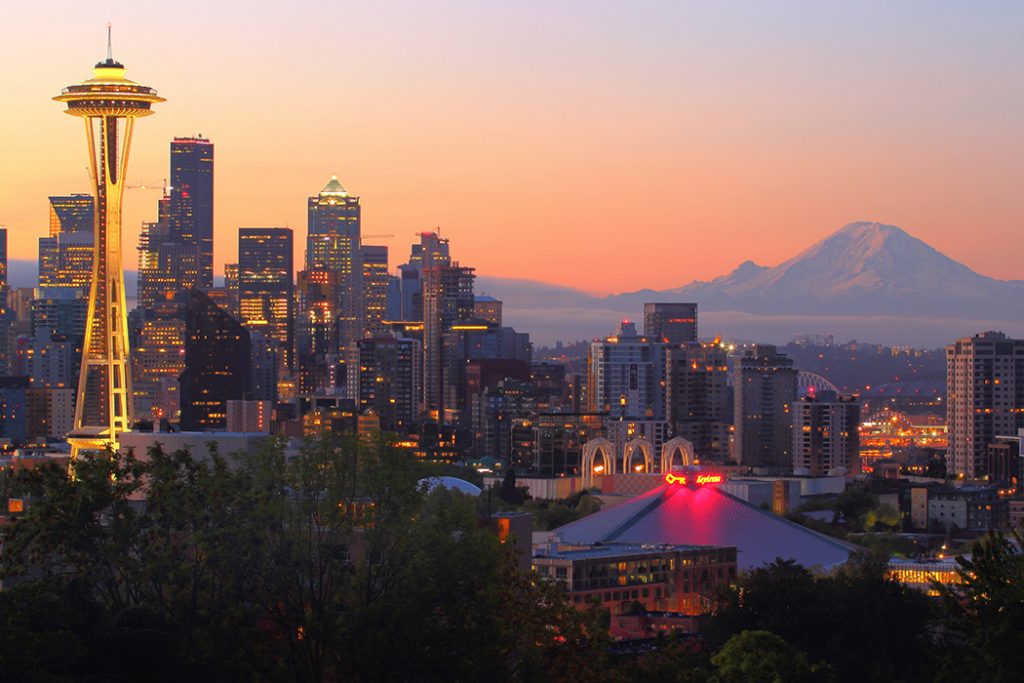 Photo of Seattle's Space Needle at sunset.
