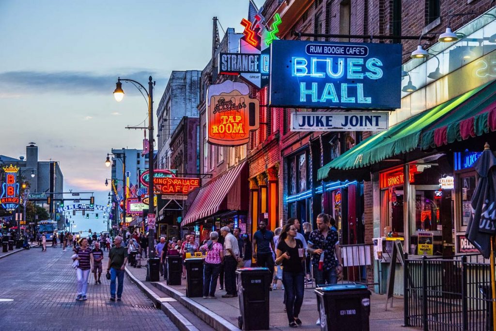 A busy night on Beale Street in Memphis, Tennessee.