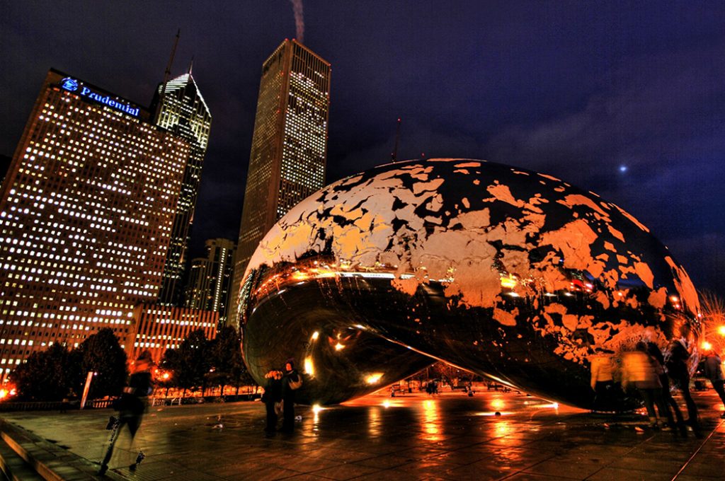 Photo of "The Bean" sculpture in Chicago on an icy winter day.