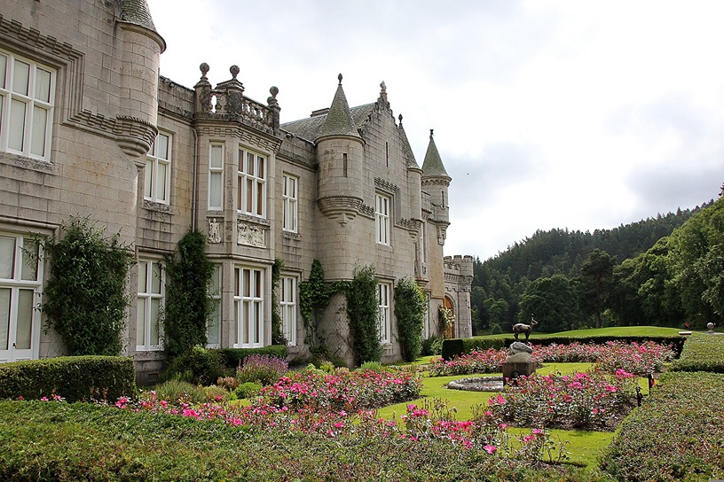 Exterior view of the back gardens outside Balmoral Castle, one of Queen Elizabeth's favorite residences, located in Aberdeenshire, Scotland
