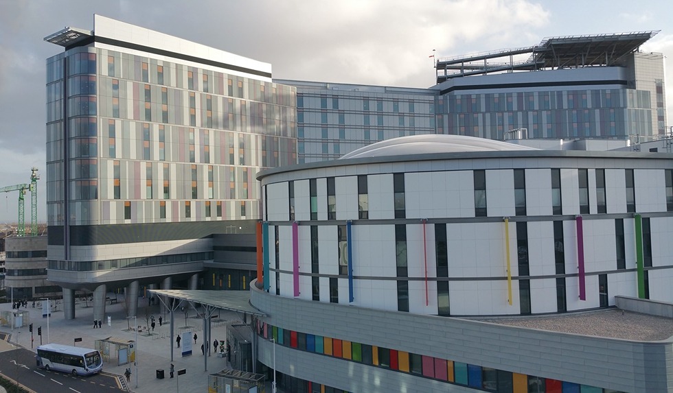 Queen Elizabeth University Hospital and Royal Children's Hospital in Glasgow, Scotland, seen from the outside with modern architecture and colored glass accents
