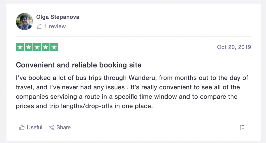 TrustPilot review from a Wanderu user who found the perfect trip for her needs.