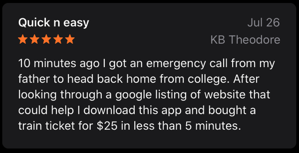 App Store review from a Wanderu user who appreciated the quick booking process.
