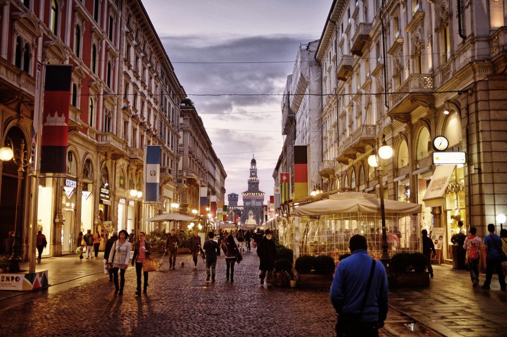 Photo of a busy street in Milan, Italy.