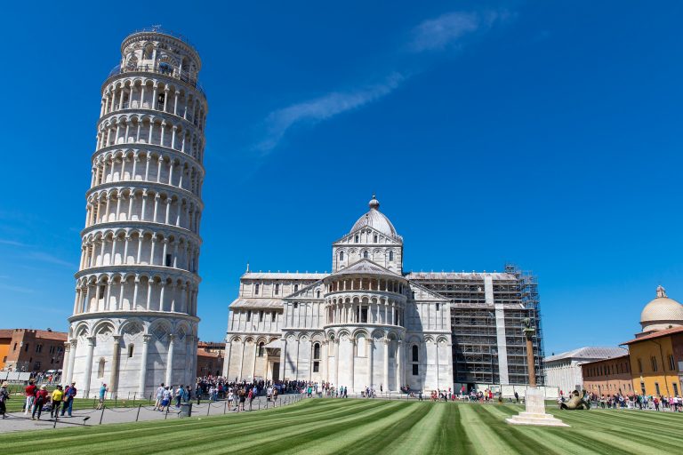 Photo of the Leaning Tower of Pisa on a sunny Italian day.