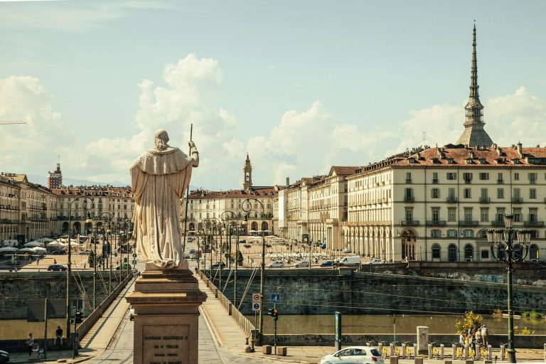 Photo of an open square in Turin, Italy, on a summer day.