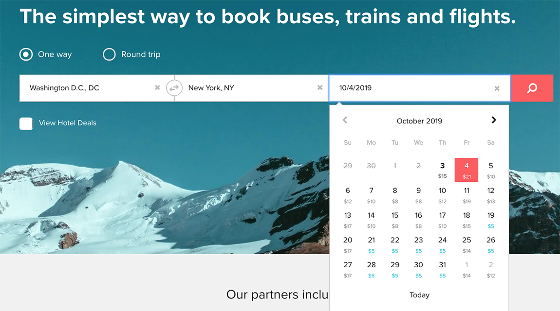 Screenshot of Calendar View on Wanderu for a route from Washington to New York.