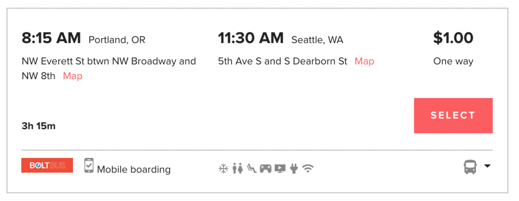 Screenshot of a $1 bus ride available on Wanderu.