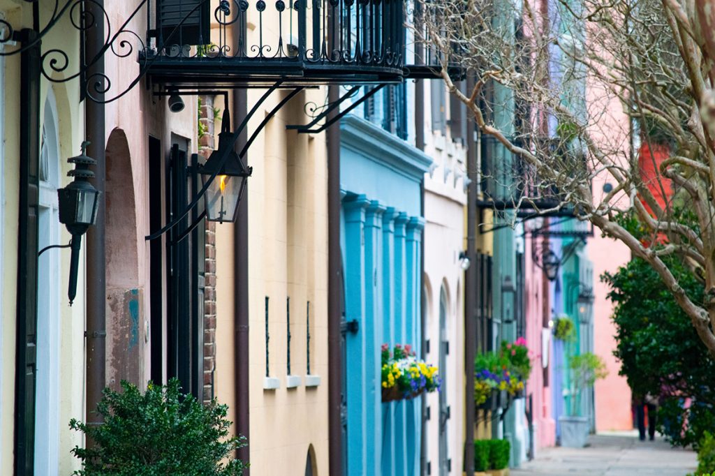 Colorful houses along a street in Charleston, South Carolina.