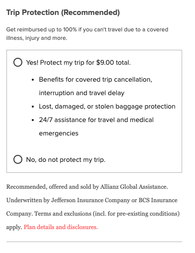 How to buy trip protection on Wanderu checkout page.